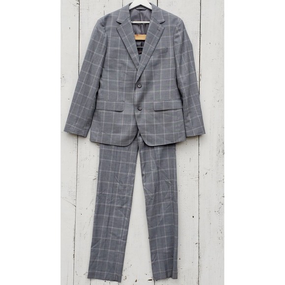 Bonobos Gray Windowpane Plaid Suit Men's Blazer Jacket 38R / 28 Pant Slim Fit